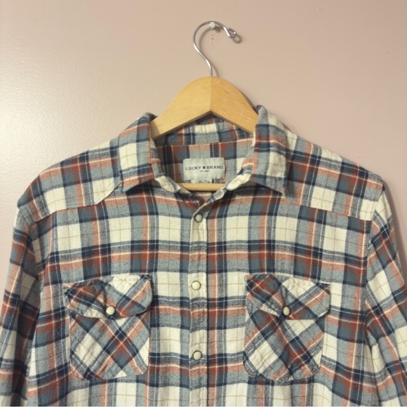 Lucky Brand Pearl Snap Flannel Shirt Plaid Blue Cream Mens Size XL - Picture 2 of 9